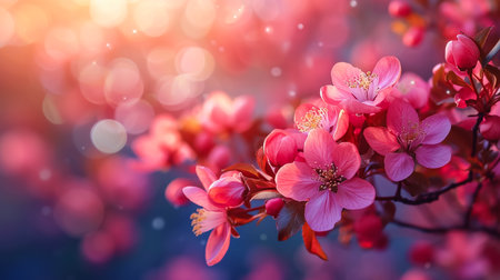 Rays of golden morning sunbeams shining through branches of pink sakura cherry blossom trees in springの素材