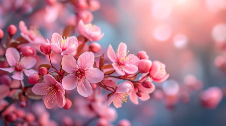 Sakura flowering. Large lush sakura flowers on a tree on a dark background in sunny weatherの素材