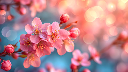 Rays of golden morning sunbeams shining through branches of pink sakura cherry blossom trees in springの素材