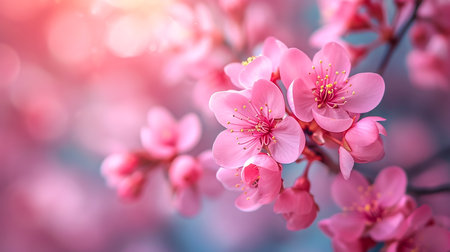 Sakura flowering. Large lush sakura flowers on a tree on a dark background in sunny weatherの素材