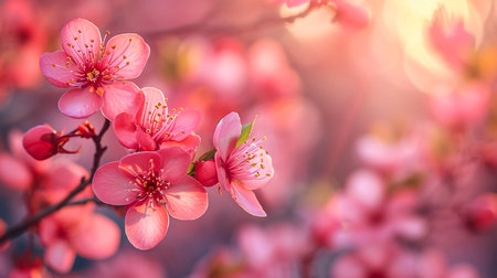 Rays of golden morning sunbeams shining through branches of pink sakura cherry blossom trees in springの素材