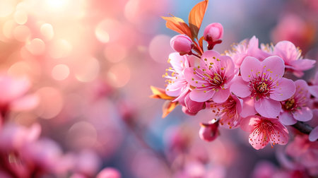 Rays of golden morning sunbeams shining through branches of pink sakura cherry blossom trees in springの素材