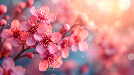 Sakura flowering. Large lush sakura flowers on a tree on a dark background in sunny weatherの素材