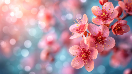 Sakura flowering. Large lush sakura flowers on a tree on a dark background in sunny weatherの素材