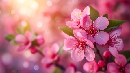 Sakura flowering. Large lush sakura flowers on a tree on a dark background in sunny weatherの素材