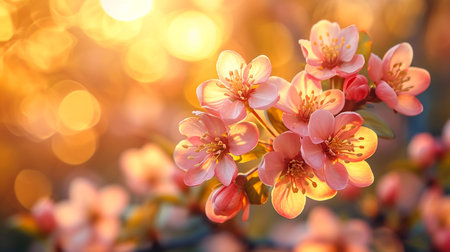 Flowering almond branch in the sunsetの素材