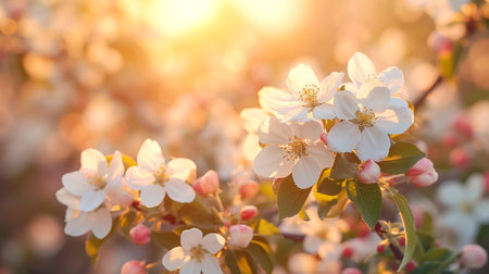 White fresh cherry flowers blossom, branch of a tree. Blooming spring pretty pastel background. Sun rays in spring flowers.の素材
