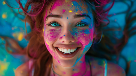 Cheerful happy woman in colorful bright paint in sunny day. Summer portrait of smiling feel good girl on nature background. Holi festival. Leisure enjoy lifeの素材