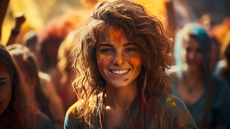 Beautiful woman with colored powder smeared on her face. Smiling girl playing with colors during holi festival at park.の素材