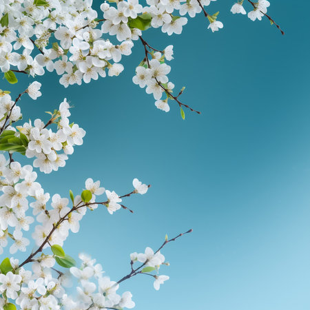 Branches of a blossoming apricot tree with soft focus in the sunlight, a beautiful spring floral image.の素材