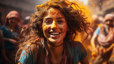 Portrait of friends have fun at Holi Festivalの素材