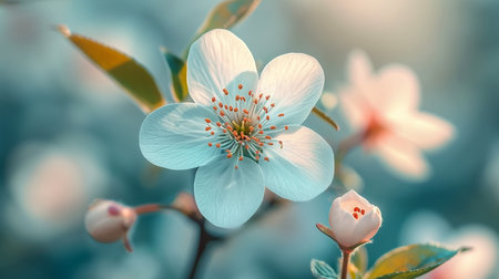 Branches of a blossoming apricot tree with soft focus in the sunlight, a beautiful spring floral image.の素材