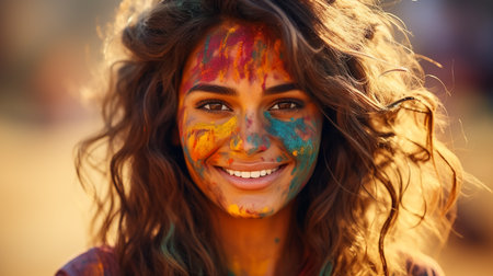 A portrait of a beautiful Indian woman with a colored face during the festival of Holi, Indiaの素材