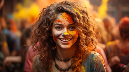 Young indian Friends face coloured with gulal showing coloured palmsの素材