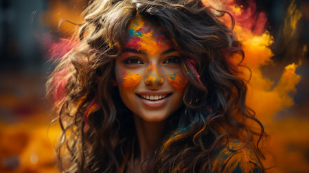 Cheerful happy woman in colorful bright paint in sunny day. Summer portrait of smiling feel good girl on nature background. Holi festival. Leisure enjoy lifeの素材