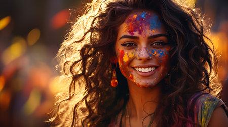 A portrait of a beautiful Indian woman with a colored face during the festival of Holi, Indiaの素材