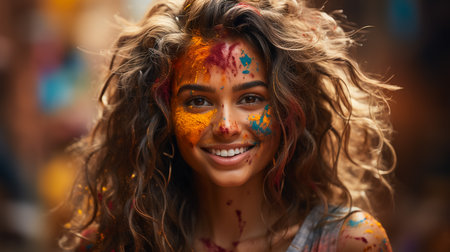 Portrait of multiracial woman at Holi Festivalの素材