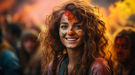 Beautiful woman with colored powder smeared on her face. Smiling girl playing with colors during holi festival at park.の素材
