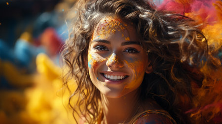 Portrait of multiracial woman at Holi Festivalの素材