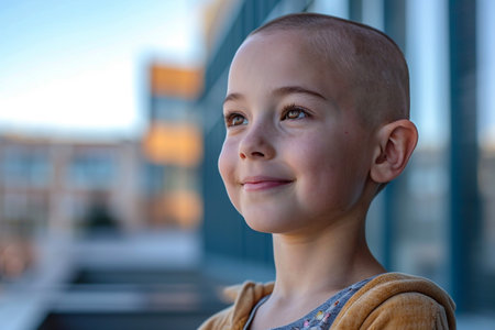 Portrait of a little boy on the background of a modern buildingの素材
