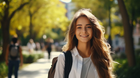 Attractive student 18s girl standing in library showing thumbs up, enjoy interesting effective studies in higher institution. Successful excellent learner, scholarship, good quality education conceptの素材