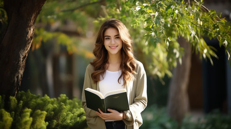 Attractive student 18s girl standing in library showing thumbs up, enjoy interesting effective studies in higher institution. Successful excellent learner, scholarship, good quality education conceptの素材
