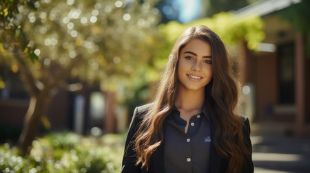 Attractive student 18s girl standing in library showing thumbs up, enjoy interesting effective studies in higher institution. Successful excellent learner, scholarship, good quality education conceptの素材