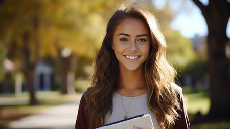 Attractive student 18s girl standing in library showing thumbs up, enjoy interesting effective studies in higher institution. Successful excellent learner, scholarship, good quality education conceptの素材