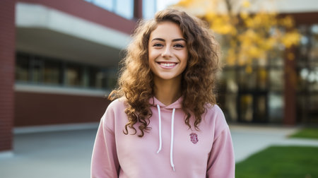 Attractive student 18s girl standing in library showing thumbs up, enjoy interesting effective studies in higher institution. Successful excellent learner, scholarship, good quality education conceptの素材