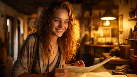 Portrait of smiling woman wearing spectacles while sitting at desk. Business woman taking notes in diary and looking at camera. University girl with eyeglasses sitting on table at library.の素材