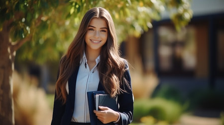 Attractive student 18s girl standing in library showing thumbs up, enjoy interesting effective studies in higher institution. Successful excellent learner, scholarship, good quality education conceptの素材