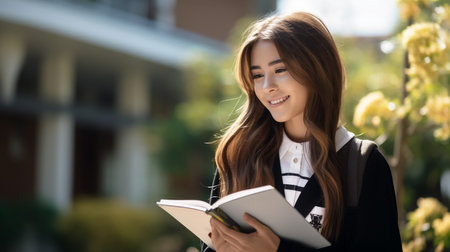 Attractive student 18s girl standing in library showing thumbs up, enjoy interesting effective studies in higher institution. Successful excellent learner, scholarship, good quality education conceptの素材