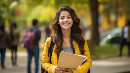 Portrait of smiling woman wearing spectacles while sitting at desk. Business woman taking notes in diary and looking at camera. University girl with eyeglasses sitting on table at library.の素材