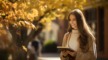 Portrait of a happy casual girl student with backpack writing in a notepad while standing with books isolated over white backgroundの素材