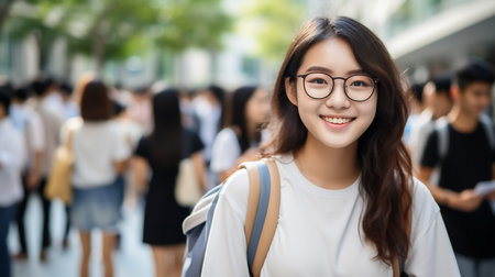 Portrait of a happy casual girl student with backpack writing in a notepad while standing with books isolated over white backgroundの素材