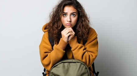 Portrait of energetic teenager girl isolated on gray background pulling forward straps of gray hipster backpack, laughing happily as if anticipating friendly meeting or great leisure time in open air.の素材
