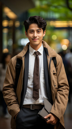 Portrait of happy indian teenager college or school boy with backpack holding books, isolated on white background. Smiling young asian male kid looking at camera.の素材