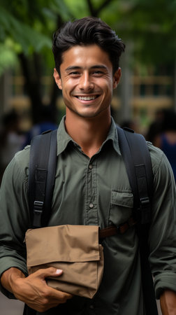 Smiling young man student with backpack hold books isolated on white background.の素材