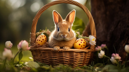 Easter bunny and colorful eggs in a nest of flowers on a green background. High quality photoの素材