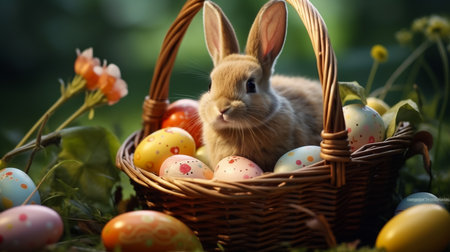 Easter bunny and colorful eggs in a nest of flowers on a green background. High quality photoの素材