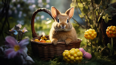 Little Bunny In Basket With Decorated Eggs - Easter Cardの素材
