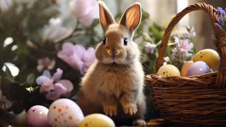 Easter bunny and colorful eggs in a nest of flowers on a green background. High quality photoの素材