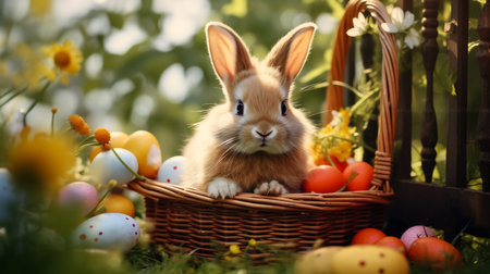 Easter bunny and colorful eggs in a nest of flowers on a green background. High quality photoの素材