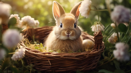Easter bunny and colorful eggs in a nest of flowers on a green background. High quality photoの素材