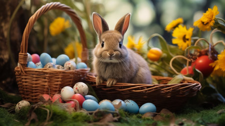 Little Bunny In Basket With Decorated Eggs - Easter Cardの素材
