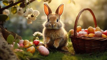 Little Bunny In Basket With Decorated Eggs - Easter Cardの素材