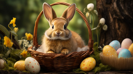 Abstract Defocused Easter Scene - Ears Bunny Behind Grass And Decorated Eggs In Flowery Fieldの素材
