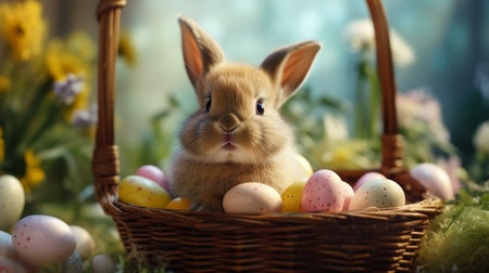 Easter bunny with a basket of eggs. Happy Easter Bunny on a card on their hind legs with flowers at sunset. Cute hareの素材