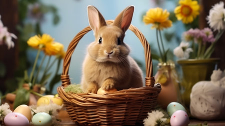 Bunny Bliss: A Pastel Paradise of Flowers and Eggs Capturing the Spirit of Easter Joy in Every Petal and Hueの素材