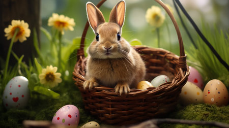 Easter Elegance: Whimsical Bunny Nestled in a Bouquet, Surrounded by Colorful EggsâNature's Canvas of Springtime Delightの素材